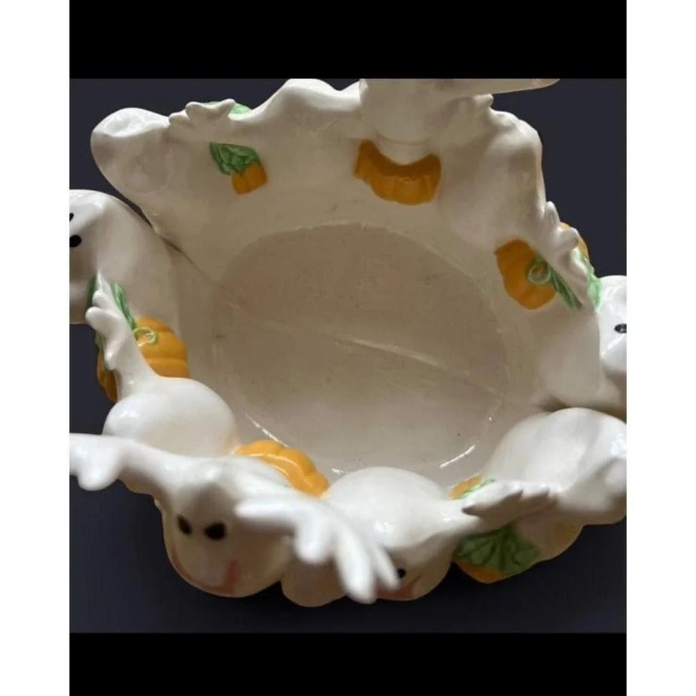 Ceramic Halloween Ghost and Pumpkin Candy Bowl Festive Spooky Decor